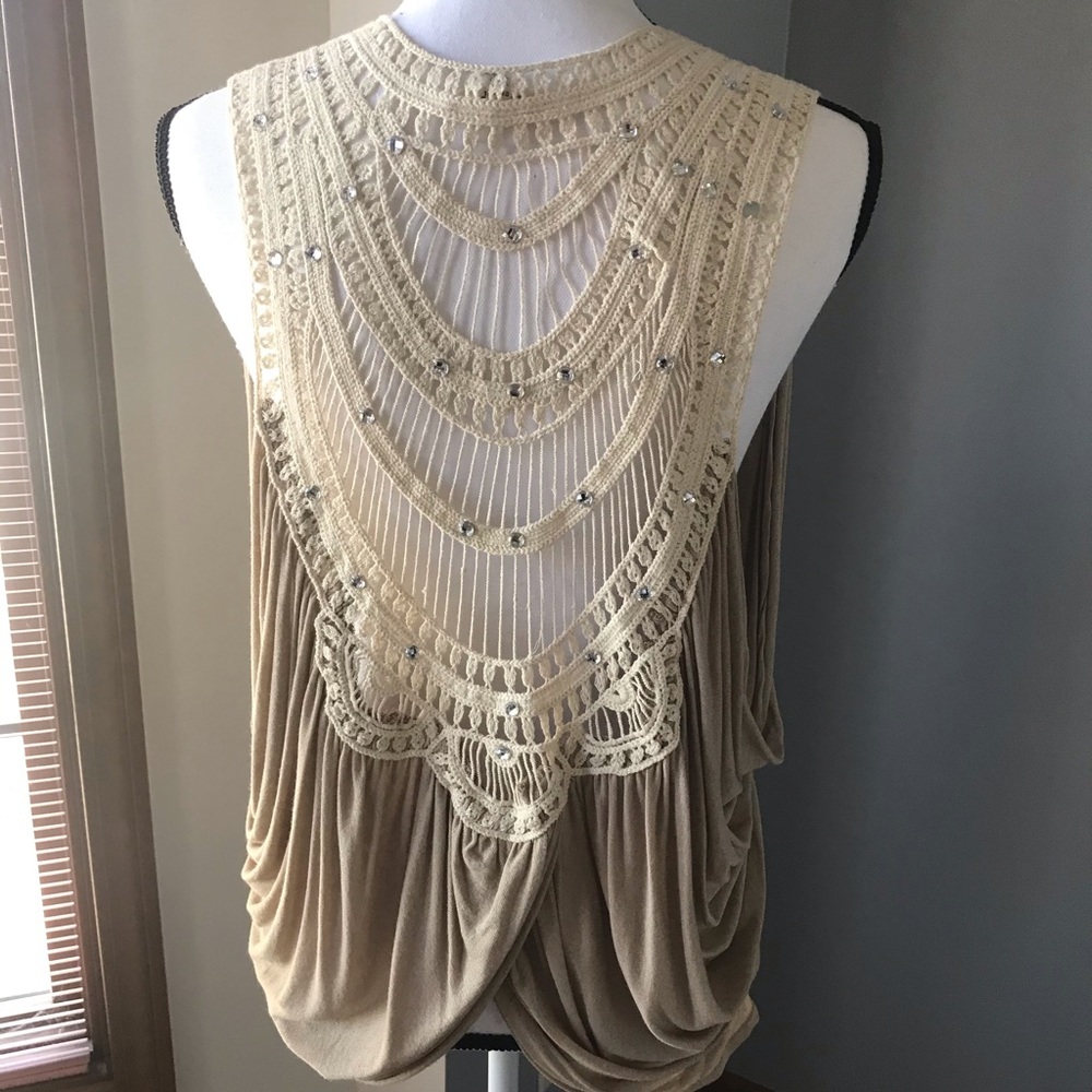 Sleeveless Vest w/Lace Back & Rhinestone Accents